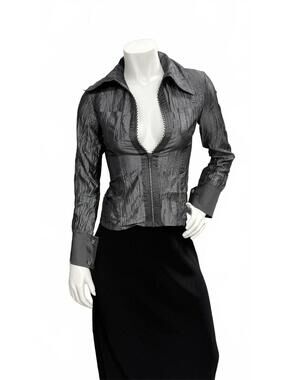 Now USA Silver Metallic Blouse Crinkle Textured Zip Front Studded Trim